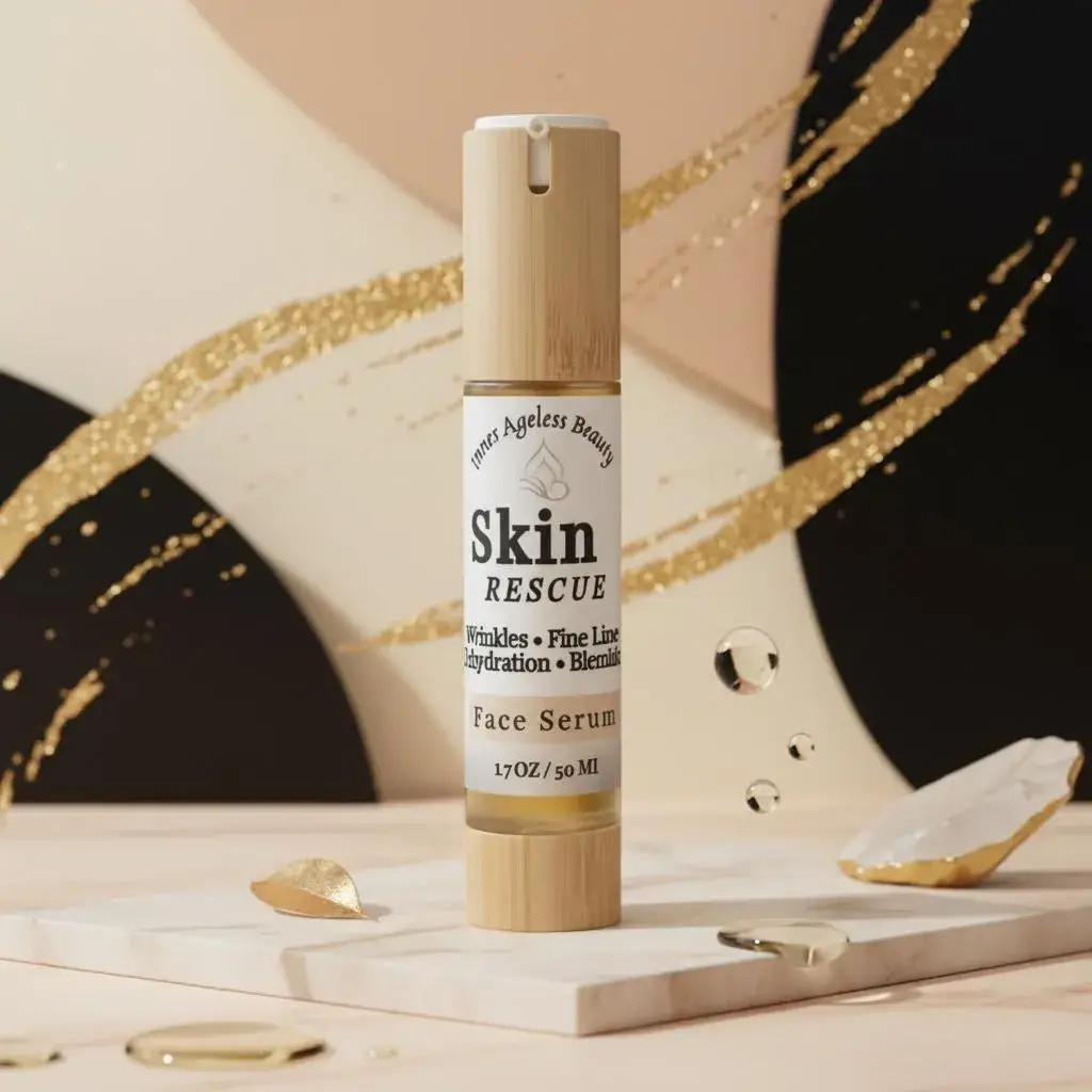 Skin Rescue face serum in bamboo style airless pump bottle, hydrating anti aging serum for wrinkles and fine lines